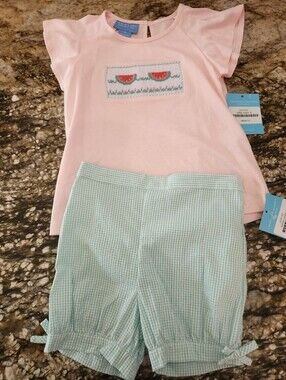 Pink Watermelon Smocked Tee with Mint Gingham Shorts